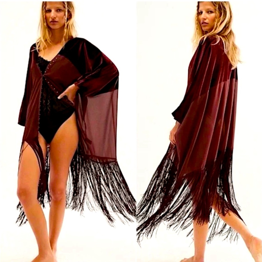 Free People Burgundy Fringe Sheer/velvet duster